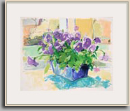 VIOLET PANSIES IN APRIL WINDOW   2007   acrylic/paper   17" x 21"